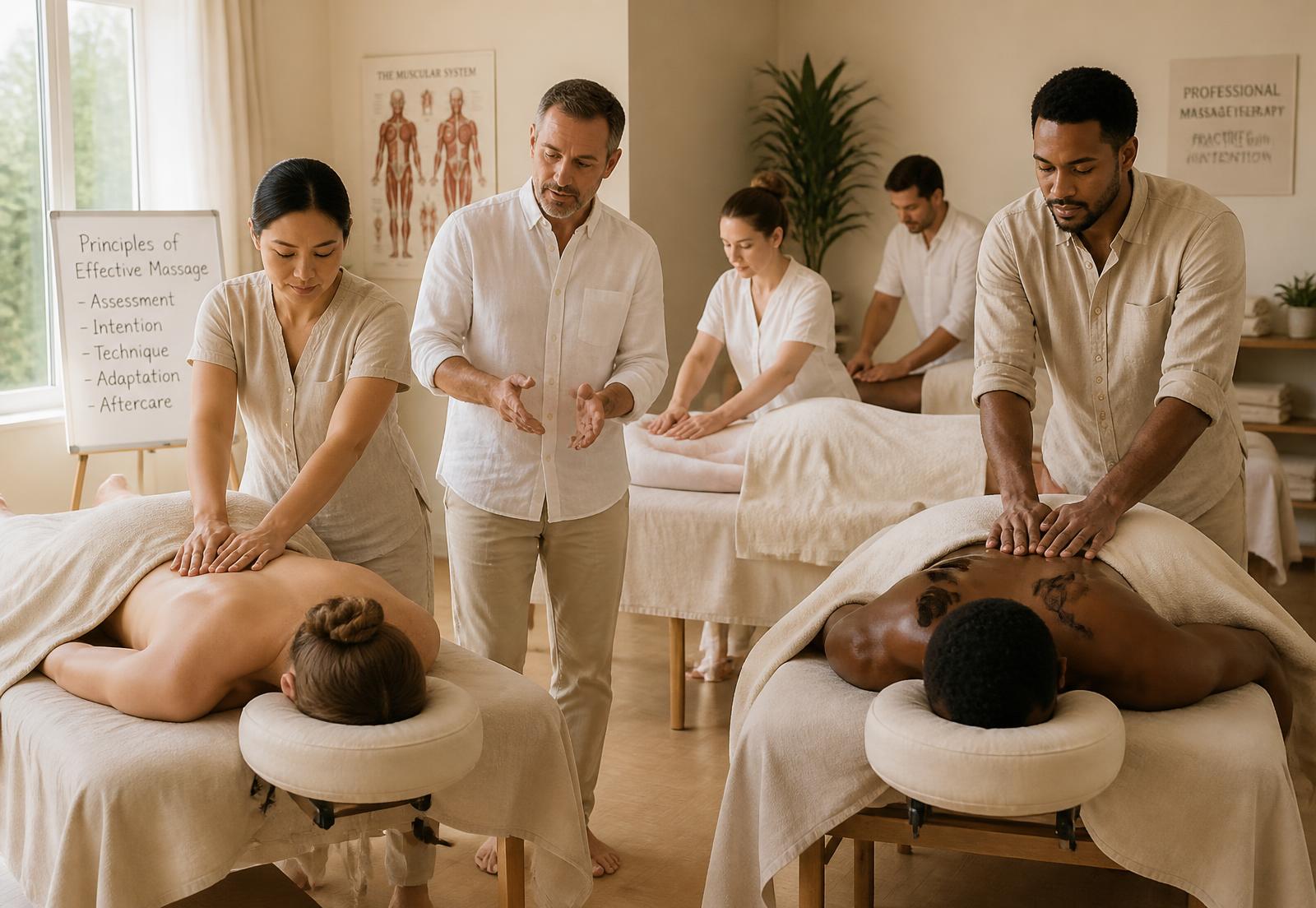 Students practising professional massage technique with an instructor in a training studio
